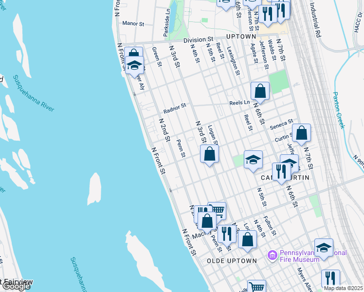 map of restaurants, bars, coffee shops, grocery stores, and more near 2419 Penn Street in Harrisburg