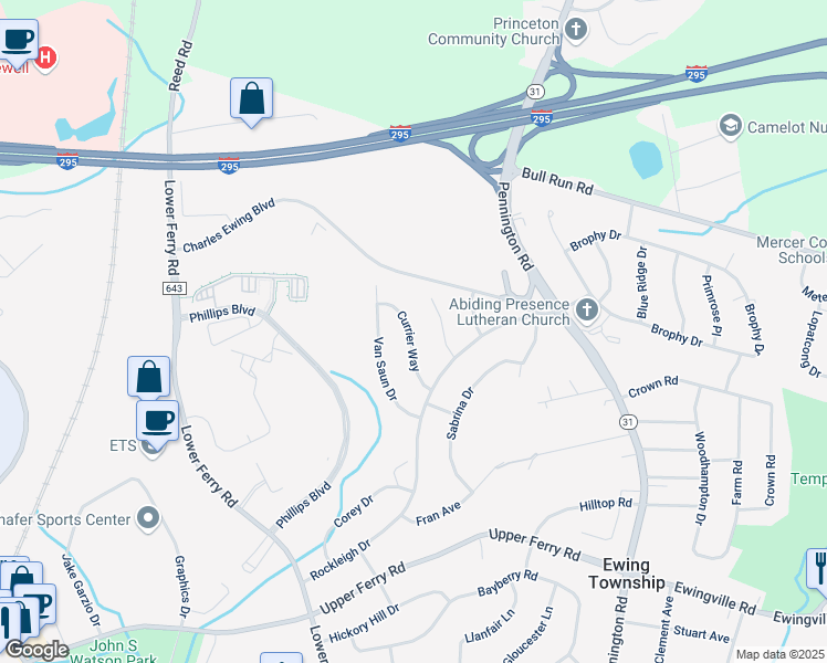 map of restaurants, bars, coffee shops, grocery stores, and more near 8 Currier Way in Ewing Township