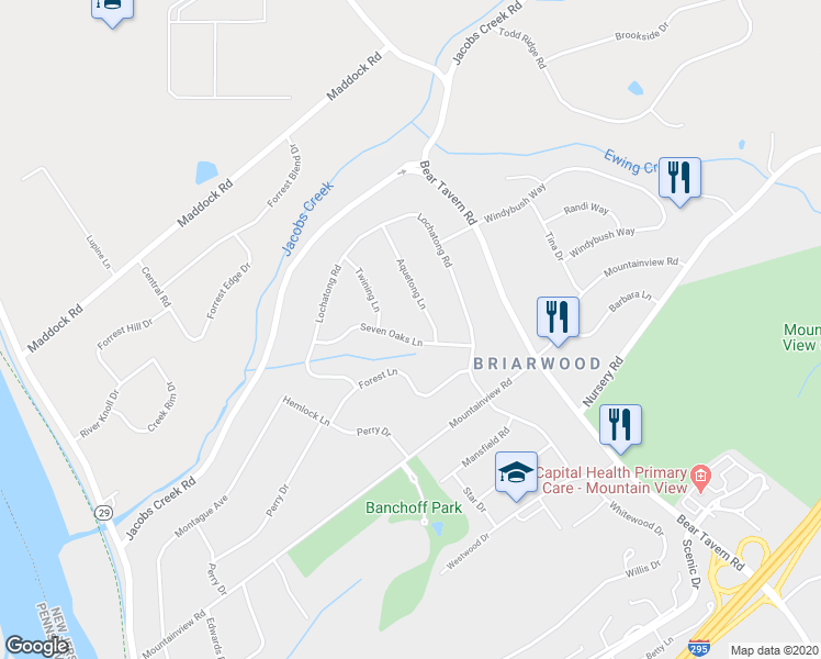 map of restaurants, bars, coffee shops, grocery stores, and more near 8 Seven Oaks Lane in Trenton