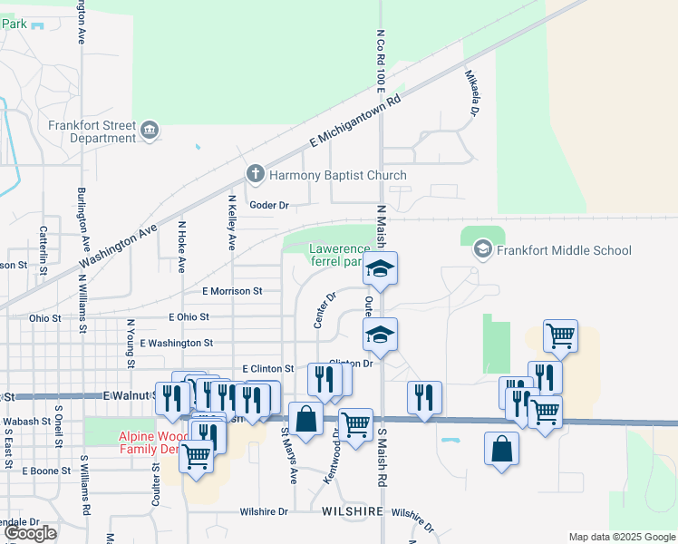 map of restaurants, bars, coffee shops, grocery stores, and more near 800 Center Drive in Frankfort
