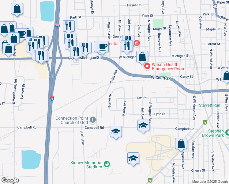 map of restaurants, bars, coffee shops, grocery stores, and more near 1229 Turner Drive in Sidney