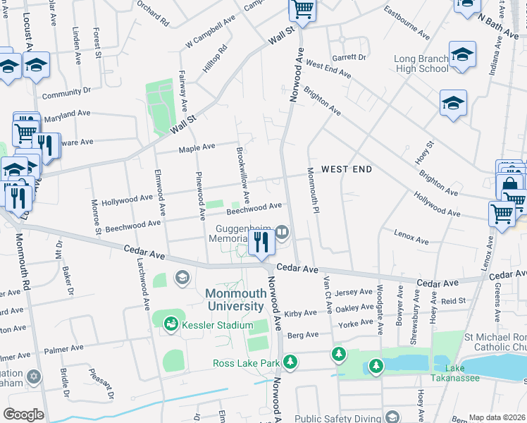 map of restaurants, bars, coffee shops, grocery stores, and more near 16 Beechwood Avenue in West Long Branch