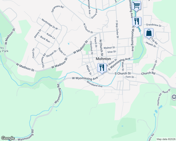 map of restaurants, bars, coffee shops, grocery stores, and more near 22 Maple Street in Mohnton