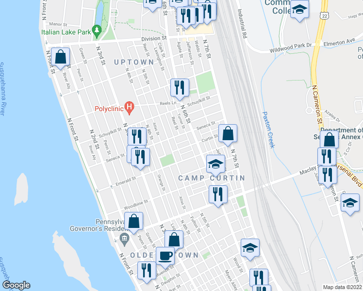 map of restaurants, bars, coffee shops, grocery stores, and more near 528 Curtin Street in Harrisburg