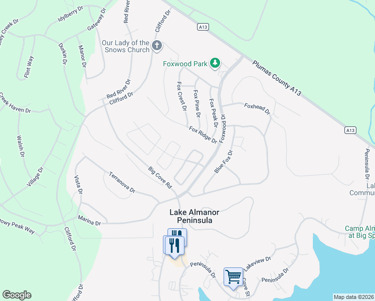 map of restaurants, bars, coffee shops, grocery stores, and more near 8 Silver Pine Dr in Lake Almanor Peninsula