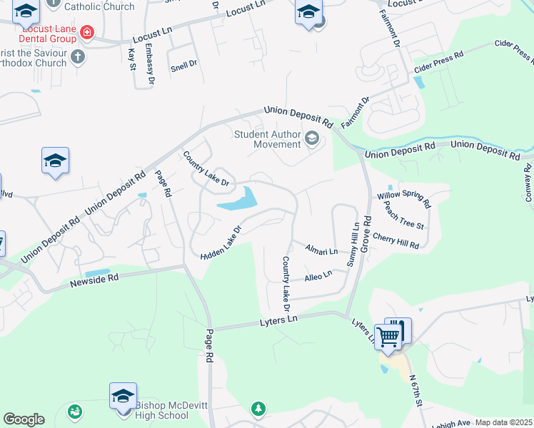 map of restaurants, bars, coffee shops, grocery stores, and more near 5807 Hidden Lake Drive in Harrisburg