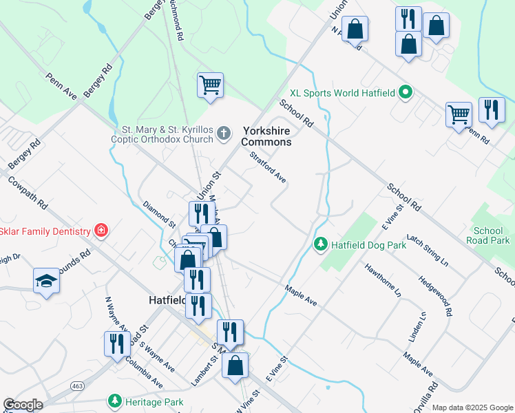 map of restaurants, bars, coffee shops, grocery stores, and more near 115 South Girard Terrace in Hatfield