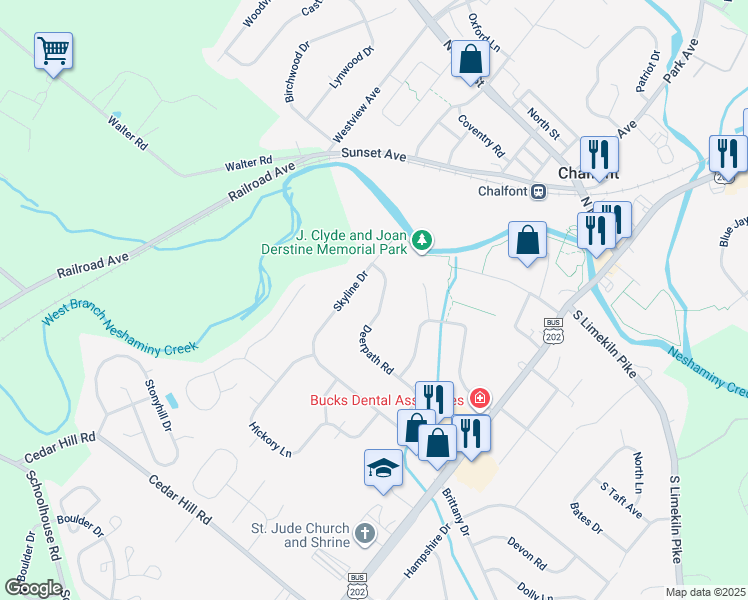 map of restaurants, bars, coffee shops, grocery stores, and more near 59 Deerpath Road in Chalfont