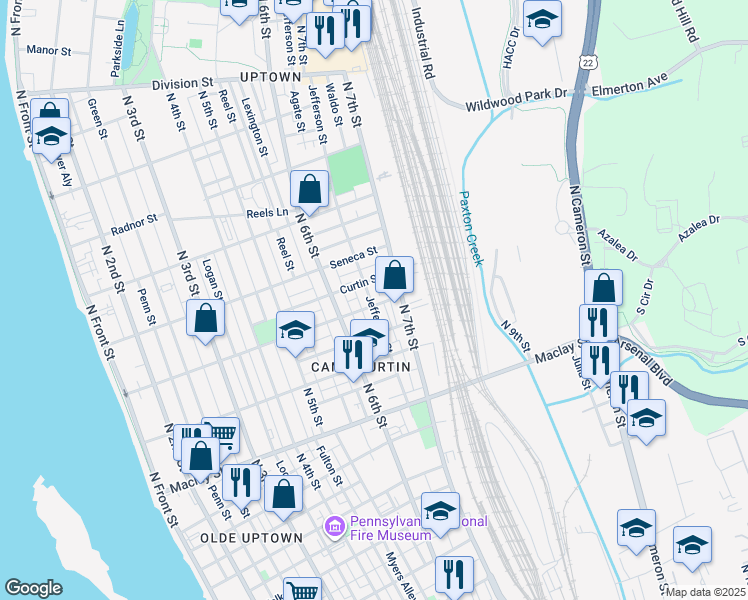 map of restaurants, bars, coffee shops, grocery stores, and more near 652 Emerald Street in Harrisburg