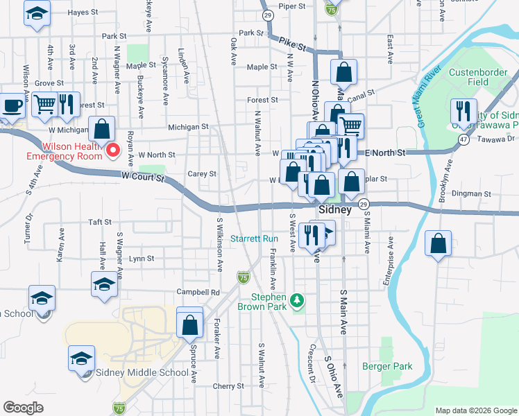 map of restaurants, bars, coffee shops, grocery stores, and more near 201 South Walnut Avenue in Sidney