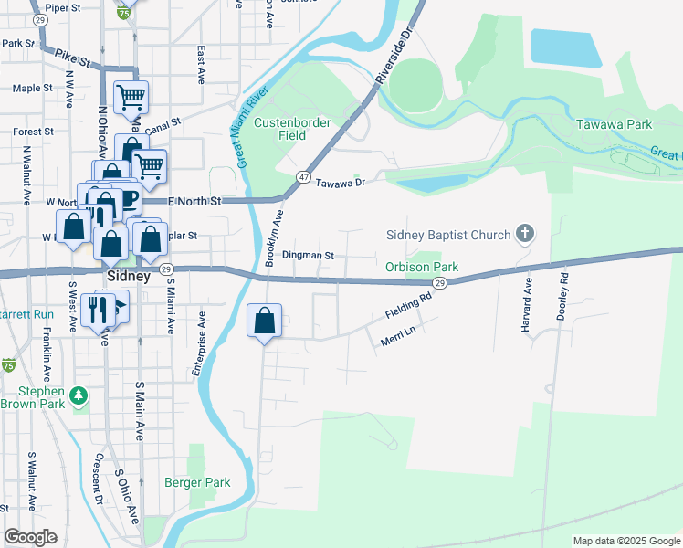 map of restaurants, bars, coffee shops, grocery stores, and more near 801 East Court Street in Sidney
