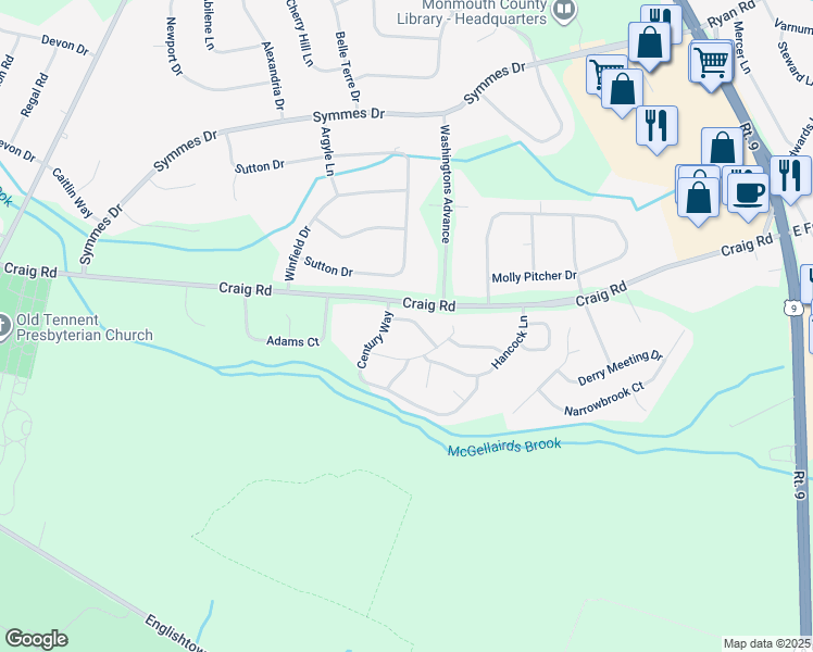 map of restaurants, bars, coffee shops, grocery stores, and more near 414 Dorchester Way in Manalapan Township