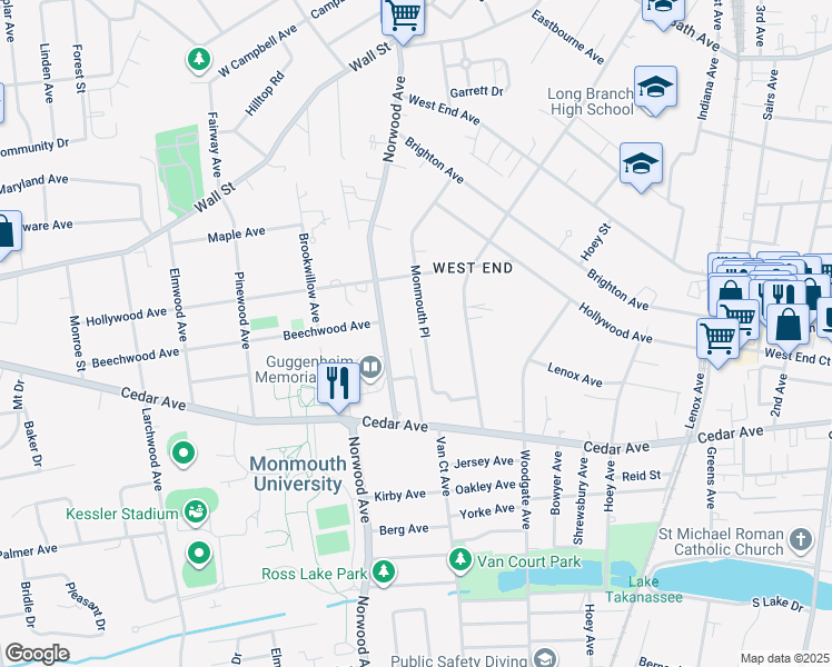 map of restaurants, bars, coffee shops, grocery stores, and more near 470 Monmouth Place in Long Branch