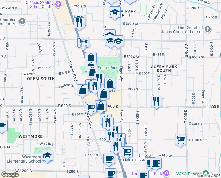 map of restaurants, bars, coffee shops, grocery stores, and more near 343 East 720 South Street in Orem
