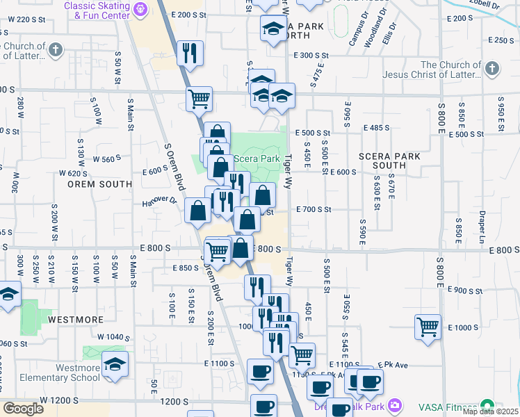 map of restaurants, bars, coffee shops, grocery stores, and more near 345 East 720 South Street in Orem