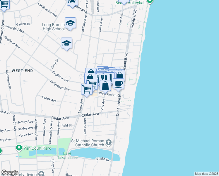 map of restaurants, bars, coffee shops, grocery stores, and more near 10 West End Court in Long Branch
