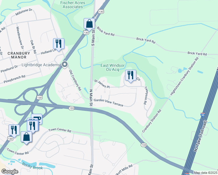 map of restaurants, bars, coffee shops, grocery stores, and more near 7 Wordsworth Court in East Windsor