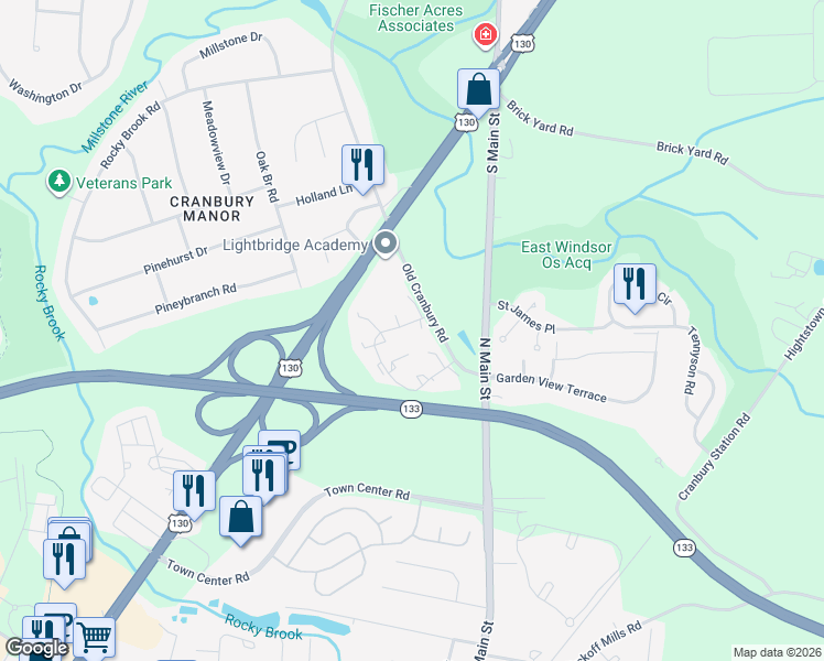 map of restaurants, bars, coffee shops, grocery stores, and more near 9 Montgomery Court in East Windsor