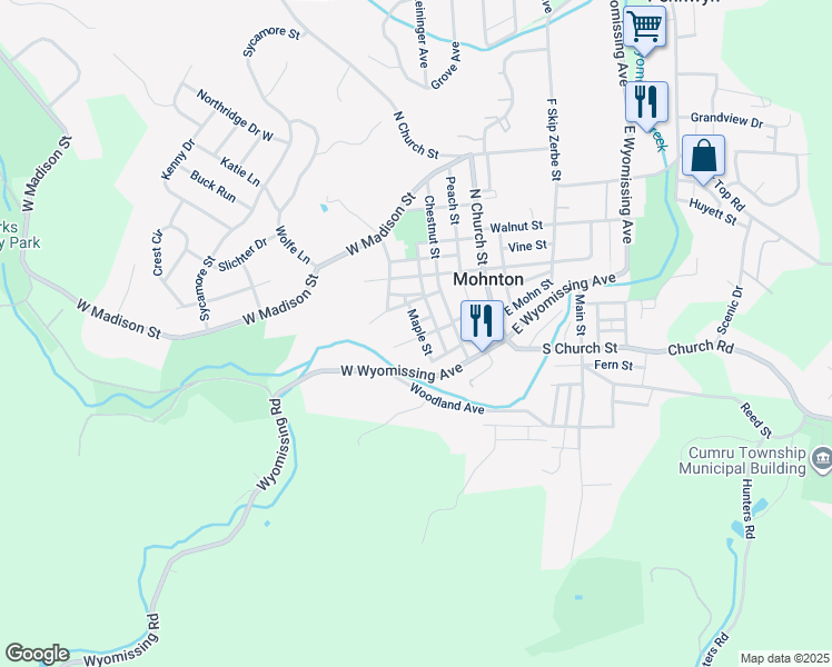map of restaurants, bars, coffee shops, grocery stores, and more near 22 Maple Street in Mohnton