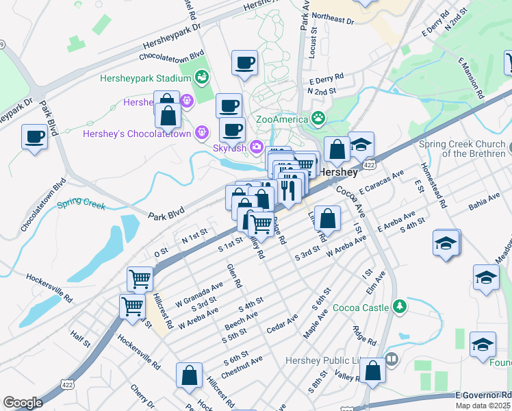 map of restaurants, bars, coffee shops, grocery stores, and more near 243 West Chocolate Avenue in Hershey