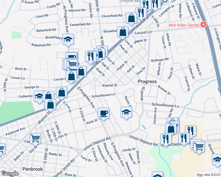 map of restaurants, bars, coffee shops, grocery stores, and more near 3500 Schoolhouse Lane in Harrisburg