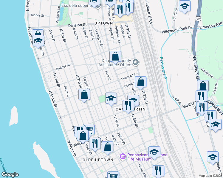map of restaurants, bars, coffee shops, grocery stores, and more near 502 Curtin Street in Harrisburg