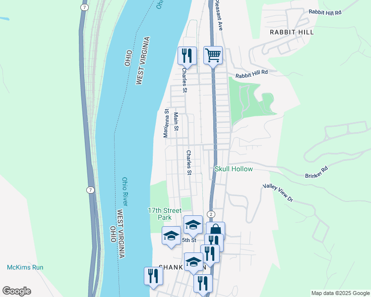 map of restaurants, bars, coffee shops, grocery stores, and more near 2110 Charles Street in Wellsburg