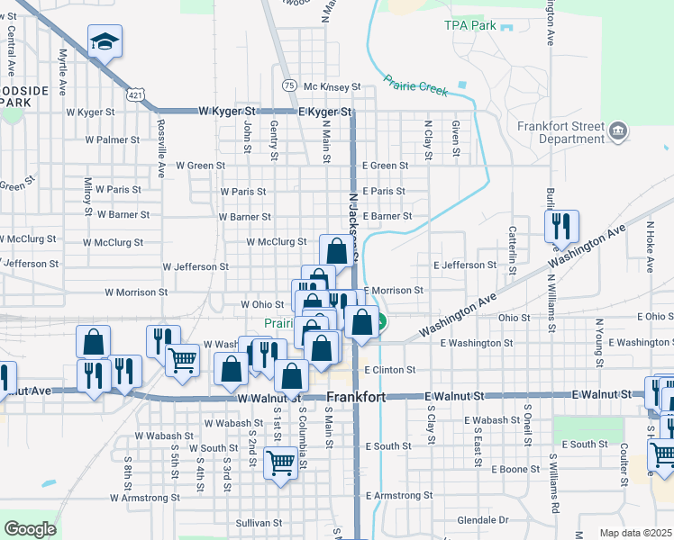 map of restaurants, bars, coffee shops, grocery stores, and more near 450 North Jackson Street in Frankfort