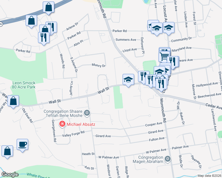 map of restaurants, bars, coffee shops, grocery stores, and more near 278 Wall Street in West Long Branch