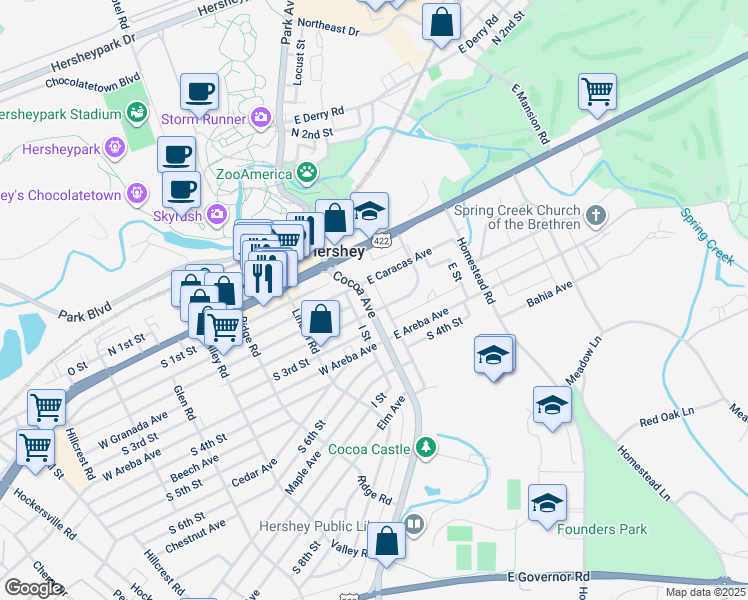 map of restaurants, bars, coffee shops, grocery stores, and more near 121 Cocoa Avenue in Hershey