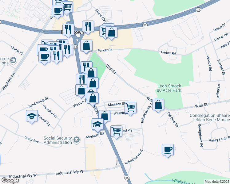 map of restaurants, bars, coffee shops, grocery stores, and more near 8 Mackenzie Road in Eatontown