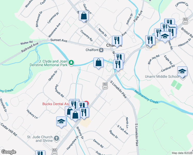 map of restaurants, bars, coffee shops, grocery stores, and more near 40 Oak Avenue in Chalfont