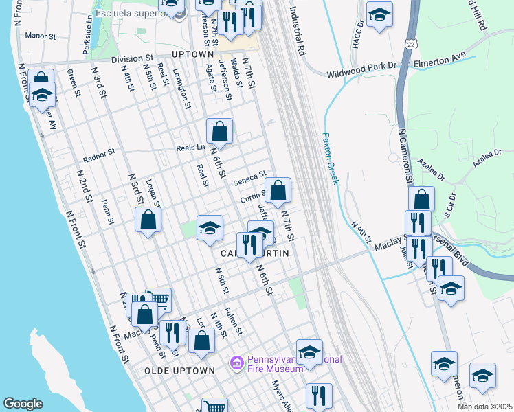 map of restaurants, bars, coffee shops, grocery stores, and more near 2308 Jefferson Street in Harrisburg