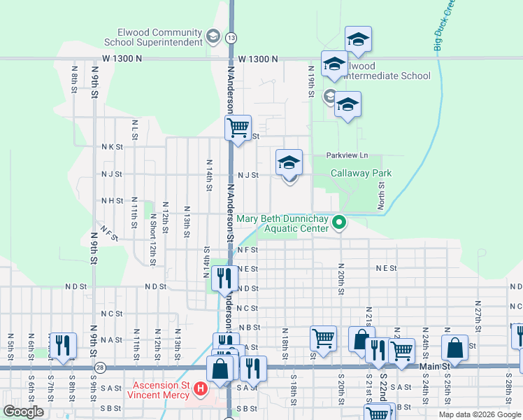 map of restaurants, bars, coffee shops, grocery stores, and more near 801 North 16th Street in Elwood
