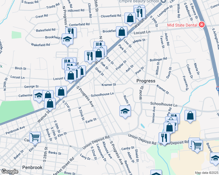 map of restaurants, bars, coffee shops, grocery stores, and more near 3500 Schoolhouse Lane in Harrisburg