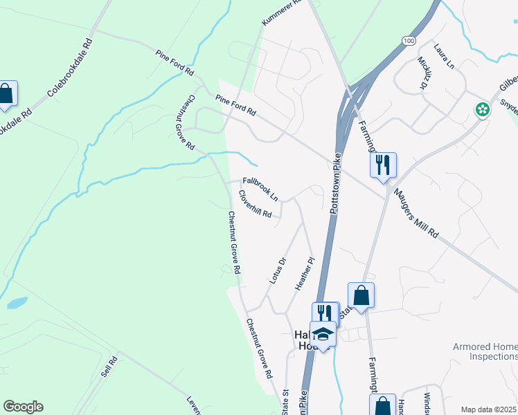 map of restaurants, bars, coffee shops, grocery stores, and more near 1512 Cloverhill Rd in Pottstown