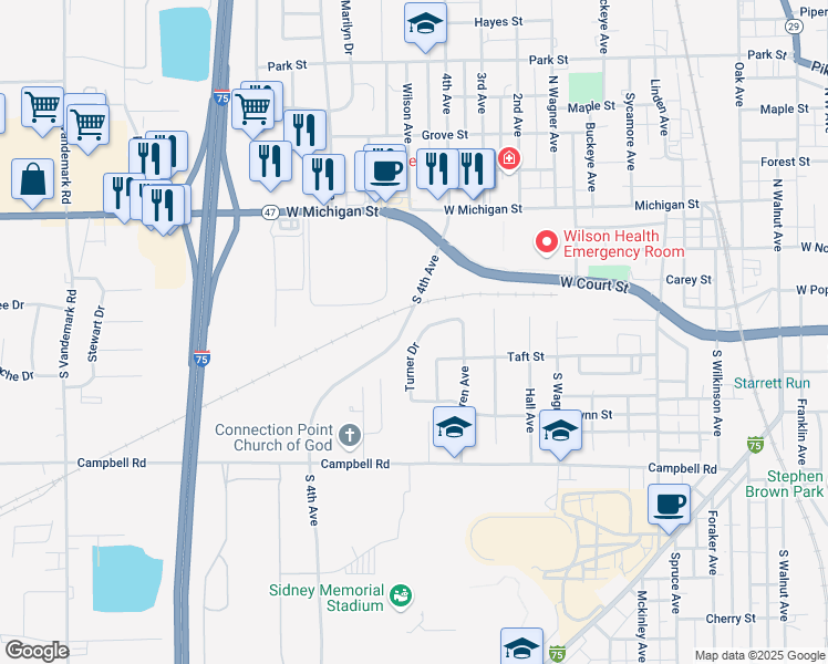map of restaurants, bars, coffee shops, grocery stores, and more near 1229 Turner Drive in Sidney