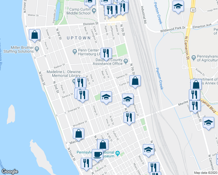 map of restaurants, bars, coffee shops, grocery stores, and more near 538 Curtin Street in Harrisburg