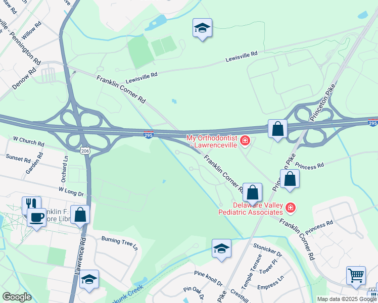 map of restaurants, bars, coffee shops, grocery stores, and more near 55 Woodmont Drive in Lawrence Township