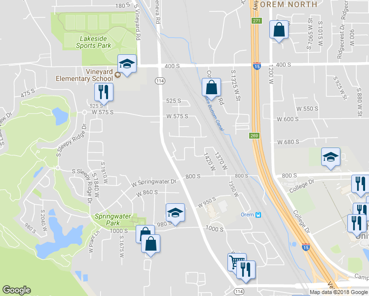 map of restaurants, bars, coffee shops, grocery stores, and more near 703 South 1525 West in Orem