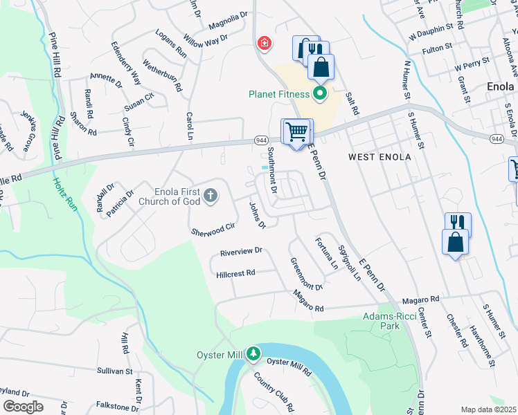 map of restaurants, bars, coffee shops, grocery stores, and more near 16 Johns Drive in Enola