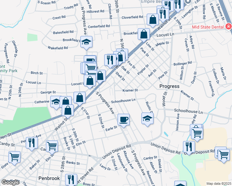 map of restaurants, bars, coffee shops, grocery stores, and more near 3425 Kramer Street in Harrisburg