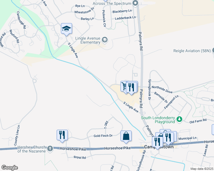 map of restaurants, bars, coffee shops, grocery stores, and more near Lingle Avenue in Palmyra