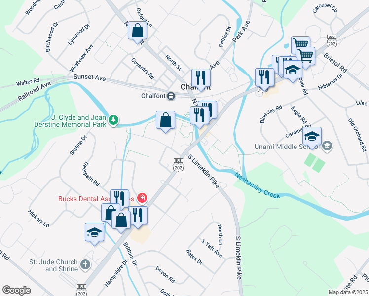 map of restaurants, bars, coffee shops, grocery stores, and more near 77 West Butler Avenue in Chalfont