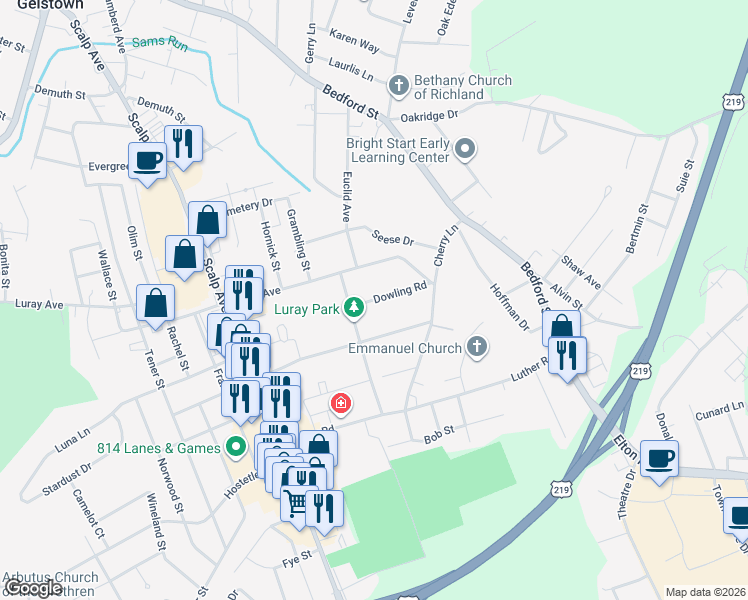 map of restaurants, bars, coffee shops, grocery stores, and more near 210 Dowling Road in Johnstown