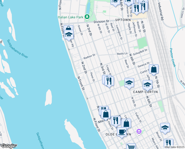 map of restaurants, bars, coffee shops, grocery stores, and more near 2433 Penn Street in Harrisburg