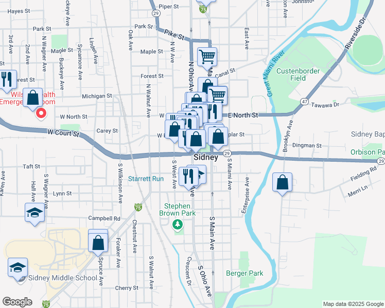 map of restaurants, bars, coffee shops, grocery stores, and more near 101 Sidney Piqua Road in Sidney