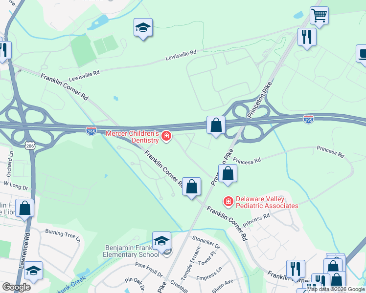 map of restaurants, bars, coffee shops, grocery stores, and more near 4A Executive Park Plaza Road in Lawrence Township