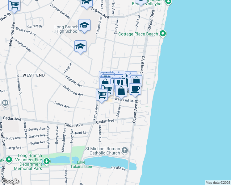 map of restaurants, bars, coffee shops, grocery stores, and more near 110c Brighton Avenue in Long Branch