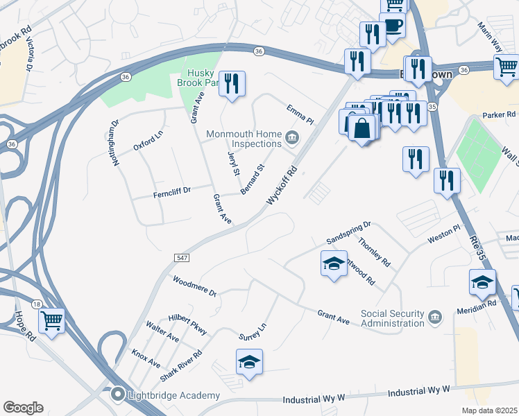 map of restaurants, bars, coffee shops, grocery stores, and more near 235 Wyckoff Road in Eatontown